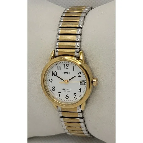 Women's Timex Indiglo White Dial Gold Tone Case Two-Tone Expansion Band Watch 01 - Picture 2 of 8